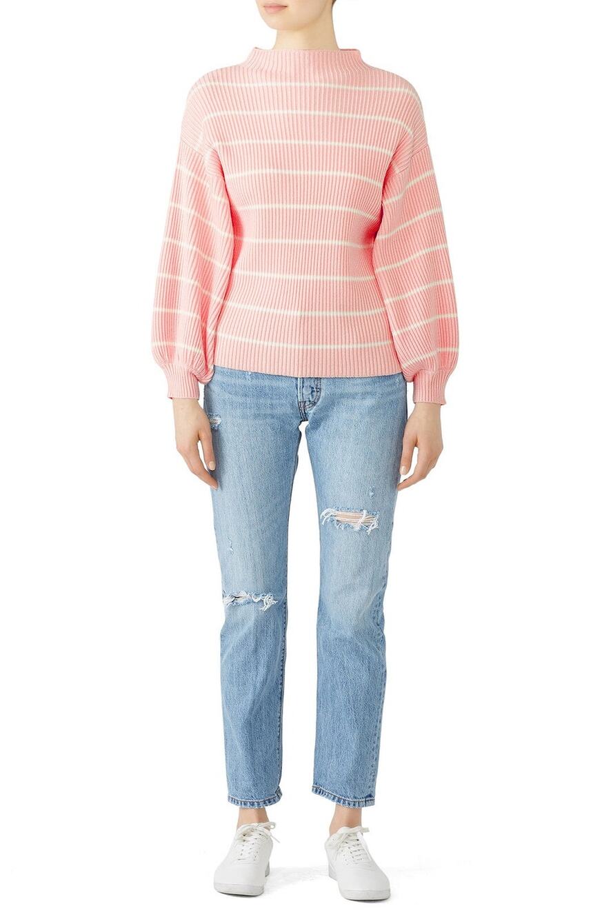 Saylor Reformation Pink White Striped Ribbed Knit Wool Crewneck Balloon Sweater